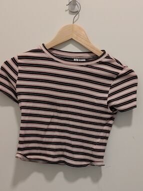 H&M Pink, Black & White Striped Ribbed Crop Top